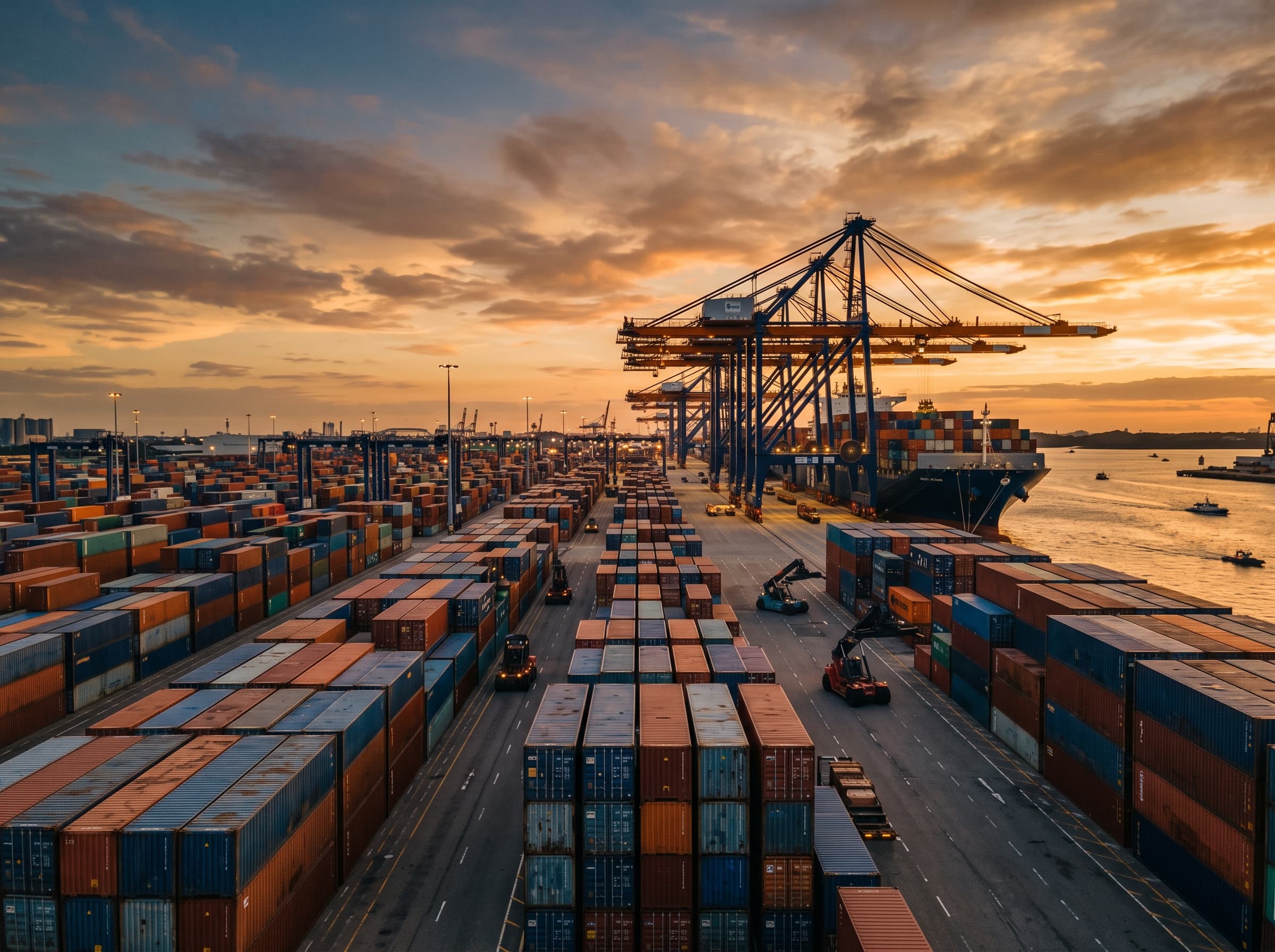 Stacked shipping containers at a harbour terminal at sunset