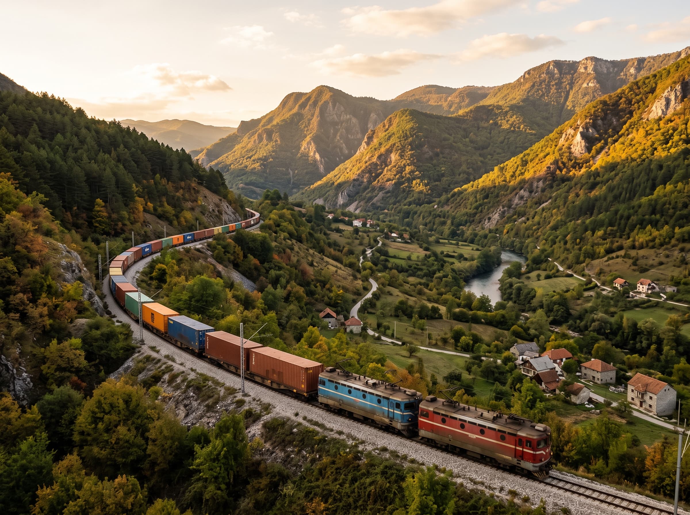Freight train carrying shipping containers through a mountain valley