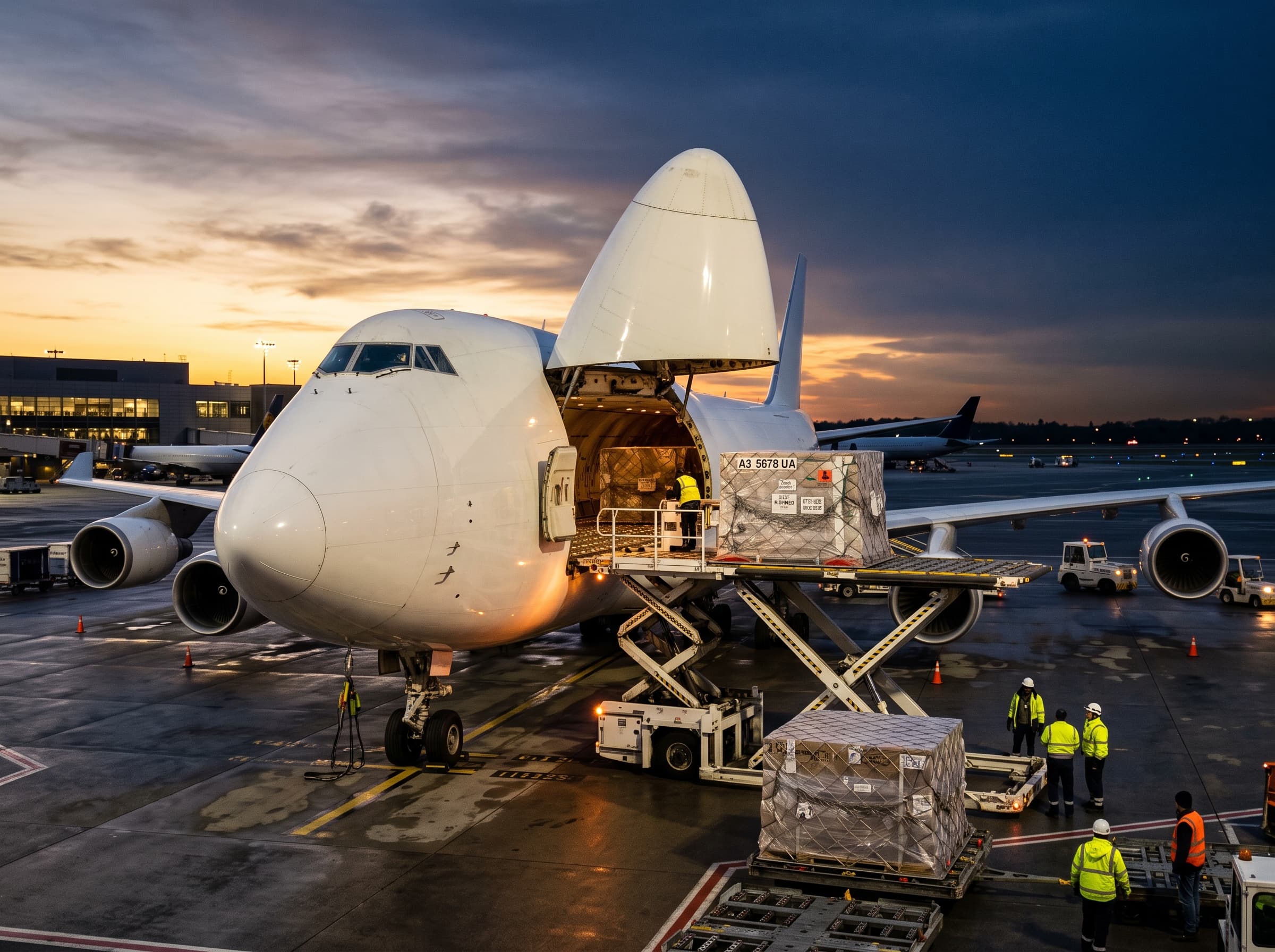 Cargo airplane being loaded with palletised freight at dusk