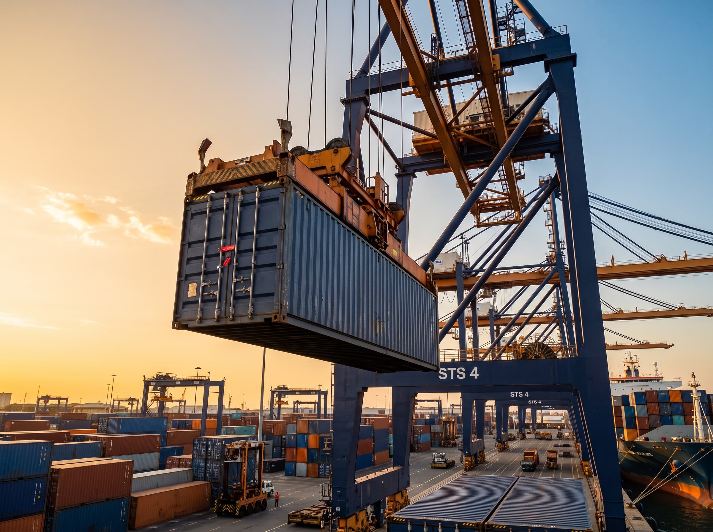 Gantry crane lifting a sealed shipping container at a port