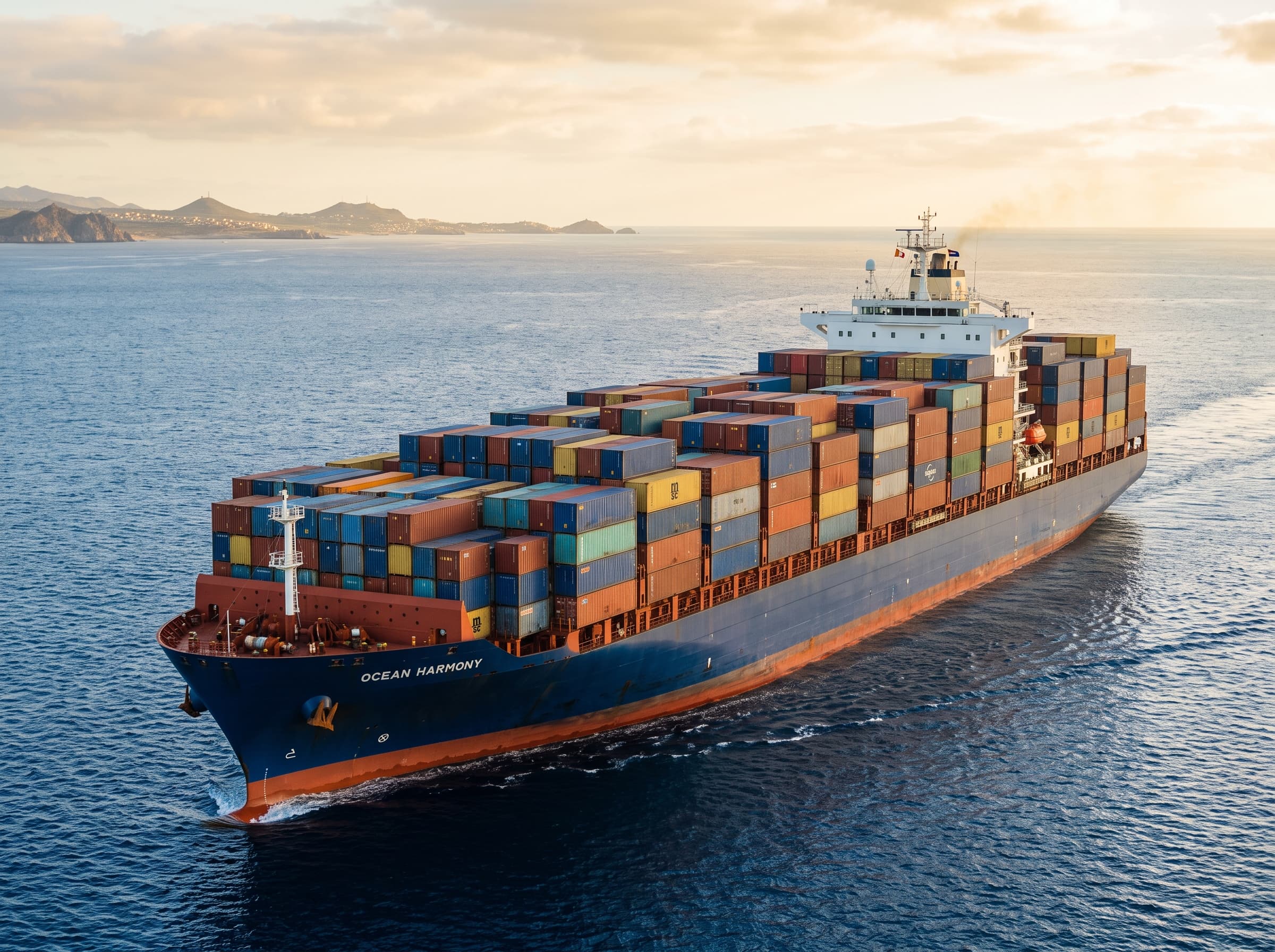 Container ship at sea loaded with mixed shipping containers
