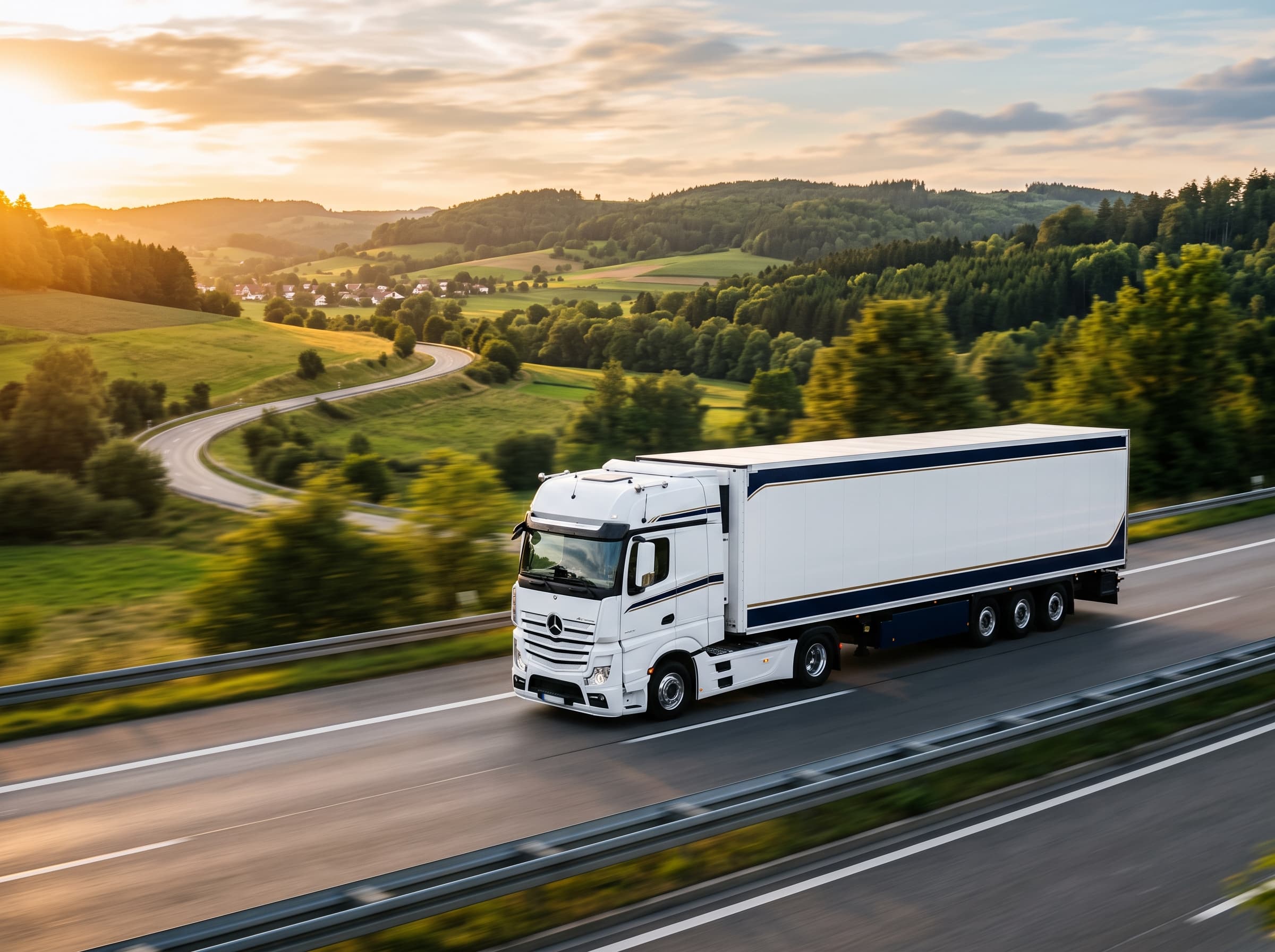 Semi-trailer truck driving on a highway through green hills
